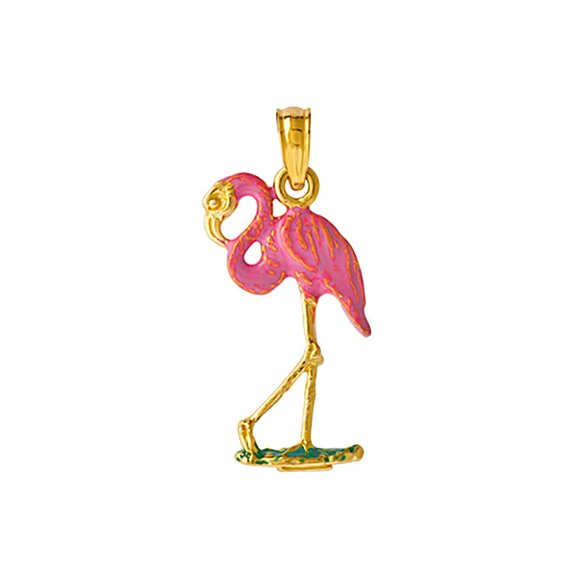 10k Yellow Gold 3-D Pink Enamel Small Flamingo Bird Charm Pendant